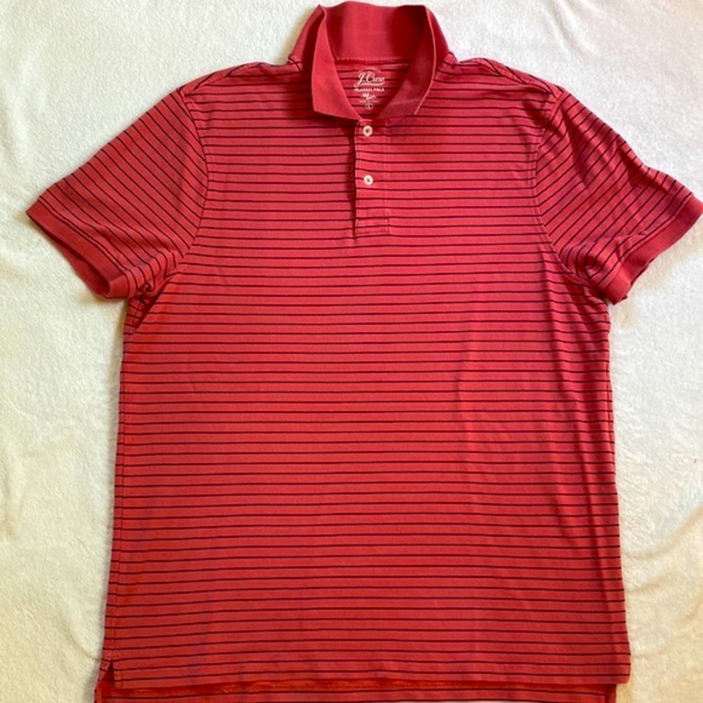J Crew Classic pique Polo Nantucket red with thin navy stripes Size L EUC